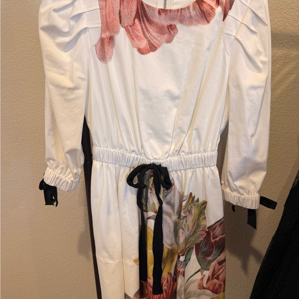 Ted Baker White Floral Long Sleeve Dress with Black Tie